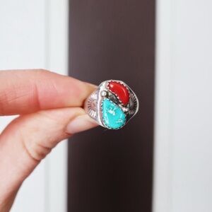 Sterling Silver Turquoise and Coral Teardrop Ring - Size 6.5 Old Pawn